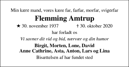 Dødsannoncen for Flemming Amtrup - København Ø