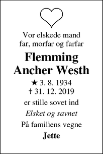 Dødsannoncen for Flemming Ancher Westh - Vejle