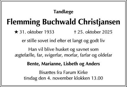 Dødsannoncen for Flemming Buchwald Christjansen - Farum