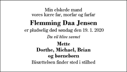Dødsannoncen for Flemming Daa Jensen - Fjelstervang