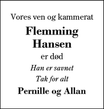Dødsannoncen for Flemming
Hansen - Herning