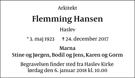 Dødsannoncen for Flemming Hansen - Haslev