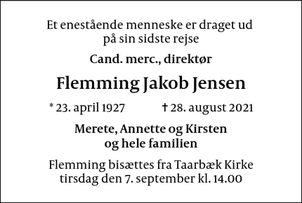 Dødsannoncen for Flemming Jakob Jensen - Hellerup