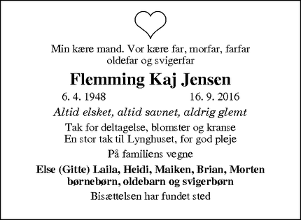 Dødsannoncen for Flemming Kaj Jensen - Højby