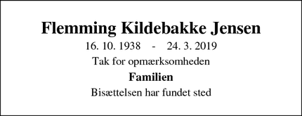 Dødsannoncen for Flemming Kildebakke Jensen - Fredensborg