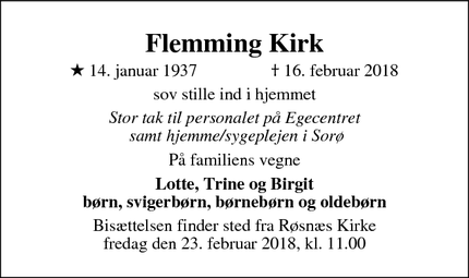 Dødsannoncen for Flemming Kirk - Sorø