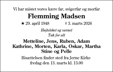 Dødsannoncen for Flemming Madsen - Esbjerg
