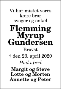 Dødsannoncen for Flemming Myrup Gundersen - Brovst