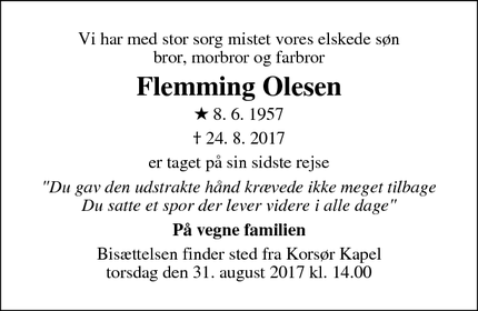 Dødsannoncen for Flemming Olesen - Slagelse