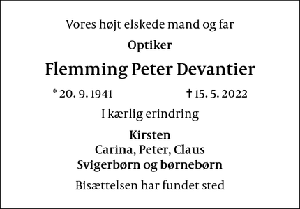Dødsannoncen for Flemming Peter Devantier - Birkerød