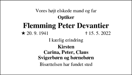 Dødsannoncen for Flemming Peter Devantier - Birkerød