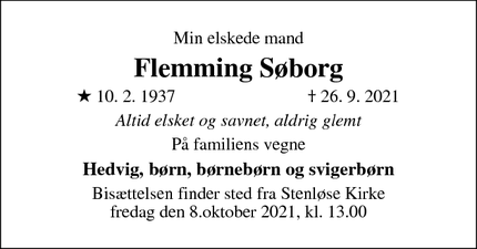 Dødsannoncen for Flemming Søborg - Veksø