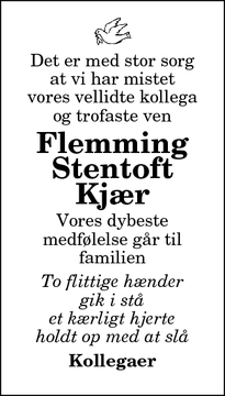 Dødsannoncen for Flemming
Stentoft
Kjær - Sjørring