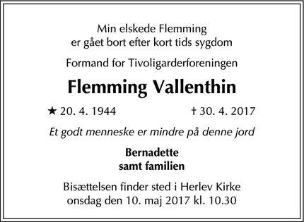 Dødsannoncen for Flemming Vallenthin - Herlev