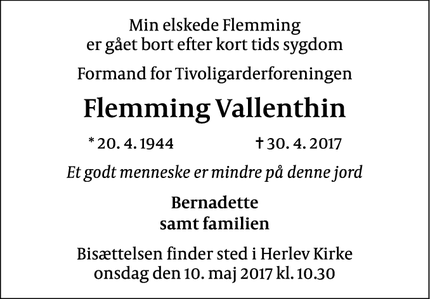 Dødsannoncen for Flemming Vallenthin - Herlev