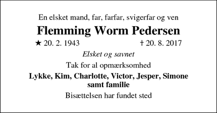 Dødsannoncen for Flemming Worm Pedersen - Dragør