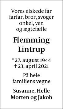 Dødsannoncen for Flemming Lintrup - Køge