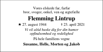 Dødsannoncen for Flemming Lintrup - Køge