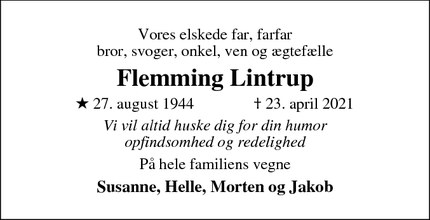 Dødsannoncen for Flemming Lintrup - Køge