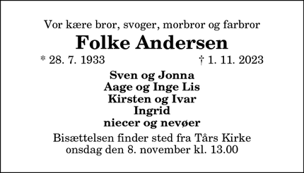 Dødsannoncen for Folke Andersen - Korup