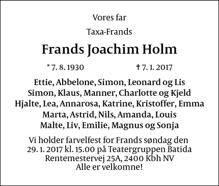 Dødsannoncen for Frands Joachim Holm - København