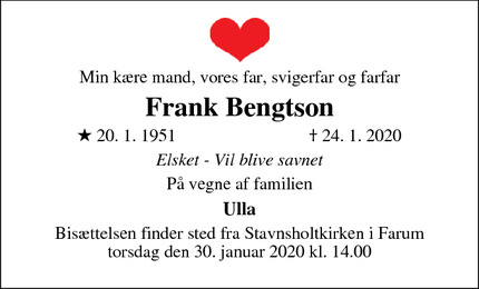 Dødsannoncen for Frank Bengtson - Farum 