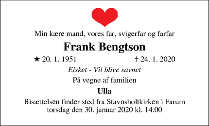 Dødsannoncen for Frank Bengtson - Farum