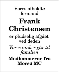 Dødsannoncen for Frank Christensen - Mollerup, Danmark