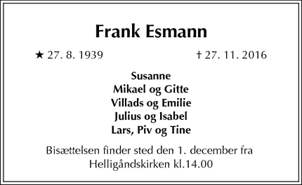 Dødsannoncen for Frank Esmann - København K 