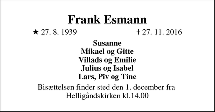 Dødsannoncen for Frank Esmann - København K 