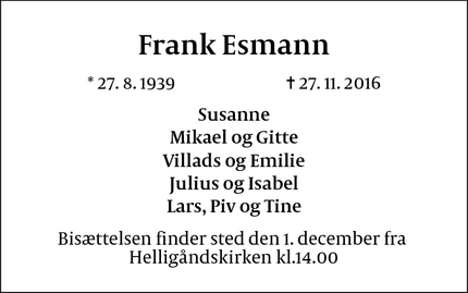 Dødsannoncen for Frank Esmann - København K 