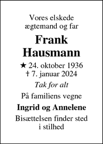 Dødsannoncen for Frank
Hausmann - Gudbjerg Sydfyn