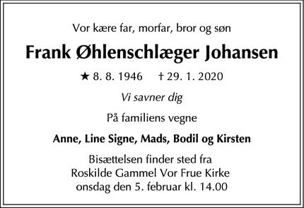 Dødsannoncen for Frank Øhlenschlæger Johansen - Roskilde