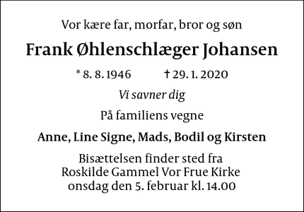 Dødsannoncen for Frank Øhlenschlæger Johansen - Roskilde