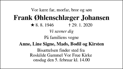 Dødsannoncen for Frank Øhlenschlæger Johansen - Roskilde