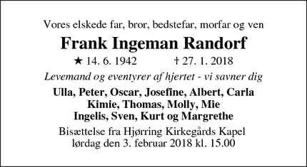 Dødsannoncen for Frank Ingeman Randorf - VEJLE