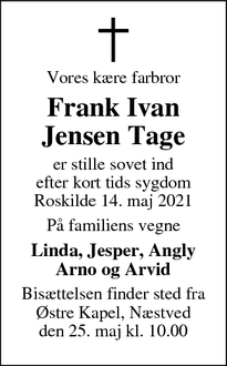 Dødsannoncen for Frank Ivan
Jensen Tage - Næstved