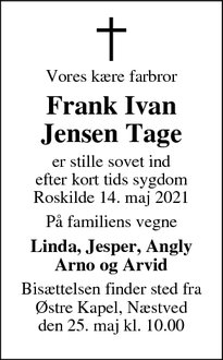 Dødsannoncen for Frank Ivan
Jensen Tage - Næstved