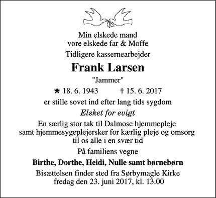 Dødsannoncen for Frank Larsen - Slagelse