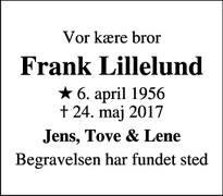 Dødsannoncen for Frank Lillelund - Agerbæk