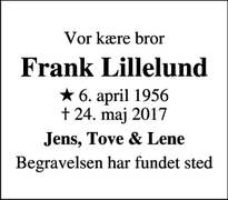 Dødsannoncen for Frank Lillelund - Agerbæk