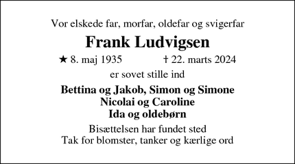 Dødsannoncen for Frank Ludvigsen - Tune