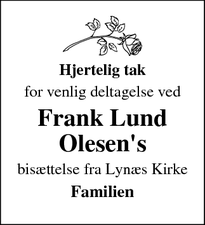 Dødsannoncen for Frank Lund
Olesen's - Lynæs