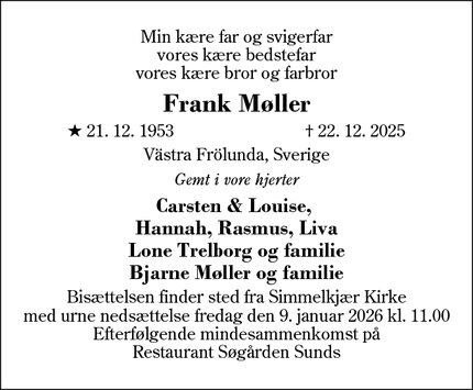 Dødsannoncen for Frank M&oslash;ller - Simmelkær