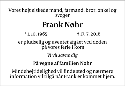 Dødsannoncen for Frank Nøhr - Ballerup
