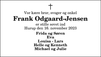 Dødsannoncen for Frank Odgaard-Jensen - Hurup