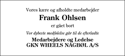 Dødsannoncen for Frank Ohlsen - Sjølund