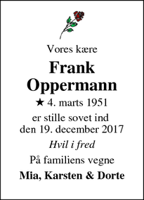 Dødsannoncen for Frank Oppermann - Tisvildeleje