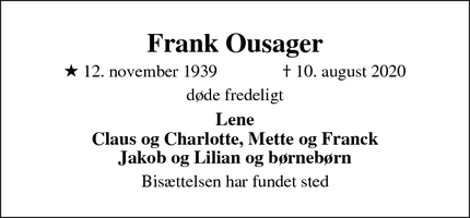 Dødsannoncen for Frank Ousager - 5560 aarup
