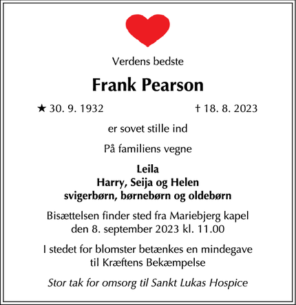 Dødsannoncen for Frank Pearson - Hellerup